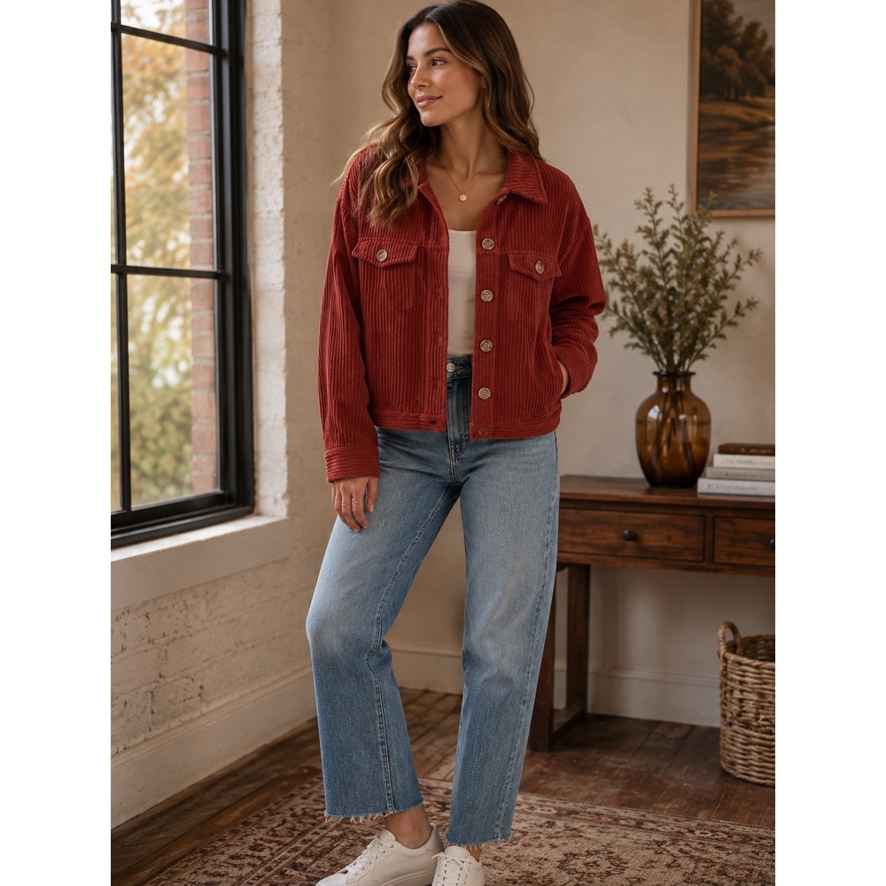 Altar State Women Rust Orange Corduroy Trucker Jacket Size S